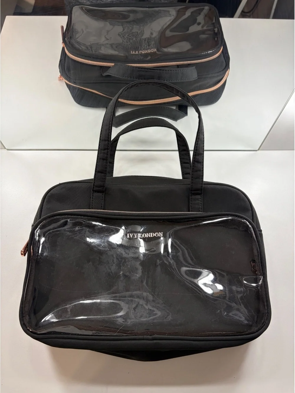 Ivy London Black Tote Bag with Clear Front Pocket and Rose Gold Zipper